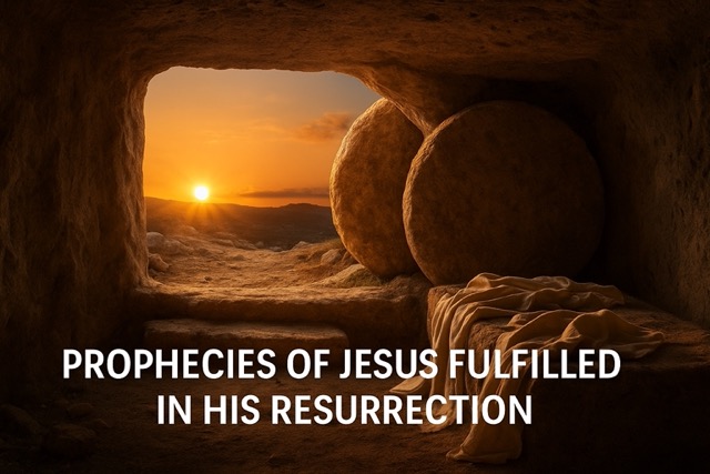 Empty tomb at sunrise with stone rolled away and burial cloth folded — symbolizing Jesus’ resurrection prophecy fulfilled