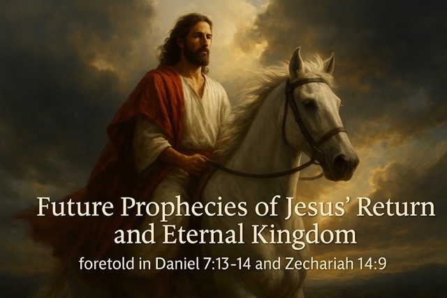 Jesus rides a white horse through stormlit skies, fulfilling future prophecies in Daniel 7 and Zechariah 14