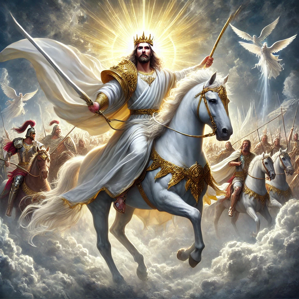 Jesus Christ portrayed as King of kings and Lord of lords, wearing a crown and leading heavenly armies on a white horse under dramatic skies.