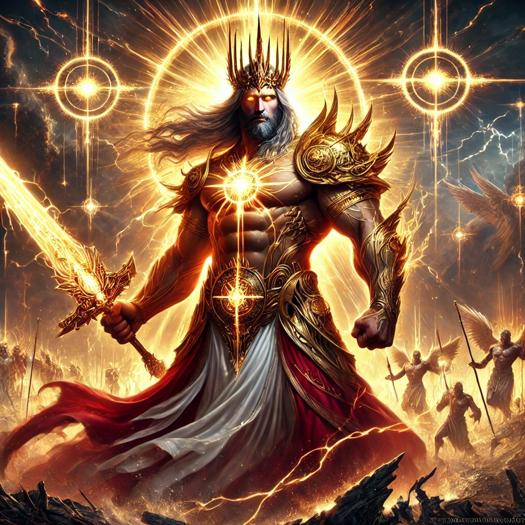 Jesus depicted as a powerful warrior from Revelation with a muscular physique, wearing a glowing golden breastplate, a crimson robe dipped in blood, a crown of many diadems, and wielding a radiant sword of divine judgment.

