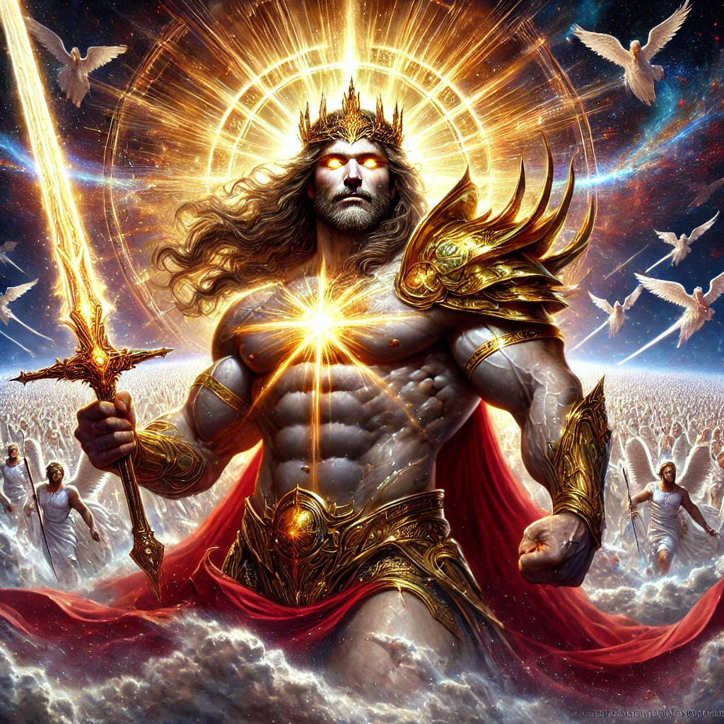 Jesus as the Warrior from Revelation, depicted with a muscular physique, blazing eyes, a golden breastplate, a crimson robe dipped in blood, and a glowing sword, leading a heavenly army on an apocalyptic battlefield.

