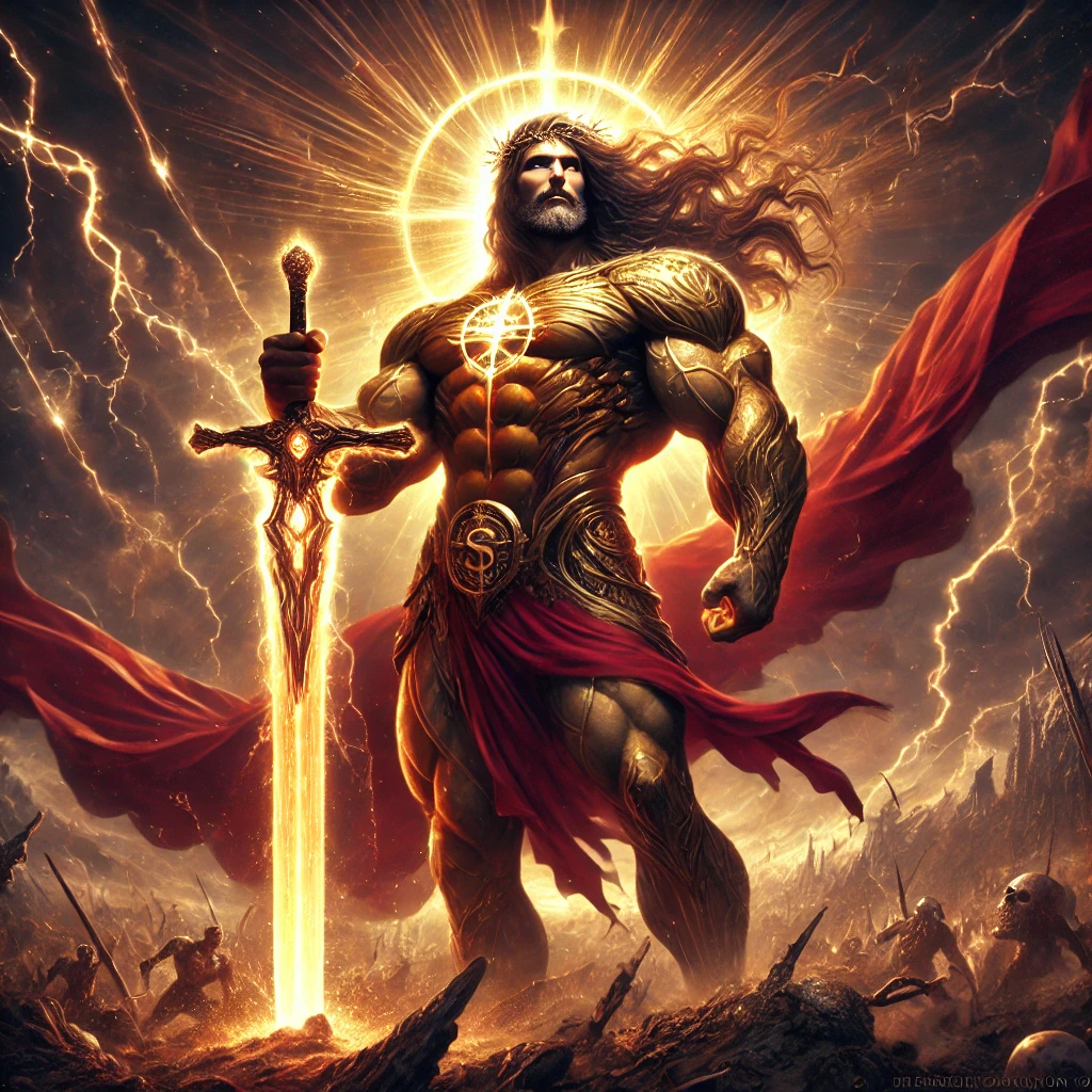 Jesus depicted as a powerful warrior from Revelation, with a muscular bodybuilder physique, wearing a golden breastplate and crown, wielding a glowing sword of divine judgment on an apocalyptic battlefield.