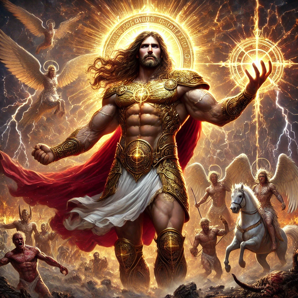 Jesus as the Warrior of Revelation, with a muscular physique, blazing eyes, a golden breastplate, a crimson robe dipped in blood, and a glowing sword, standing on an apocalyptic battlefield with a heavenly army behind him.

