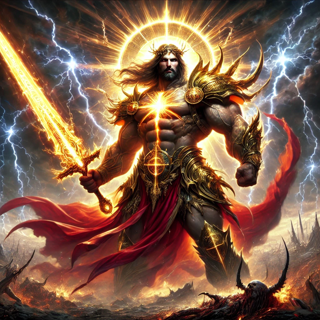 Jesus depicted as a powerful warrior with a muscular physique, wearing golden armor, a crimson cape, and wielding a glowing sword of divine judgment. He stands triumphantly on a battlefield under stormy skies, radiating divine authority.