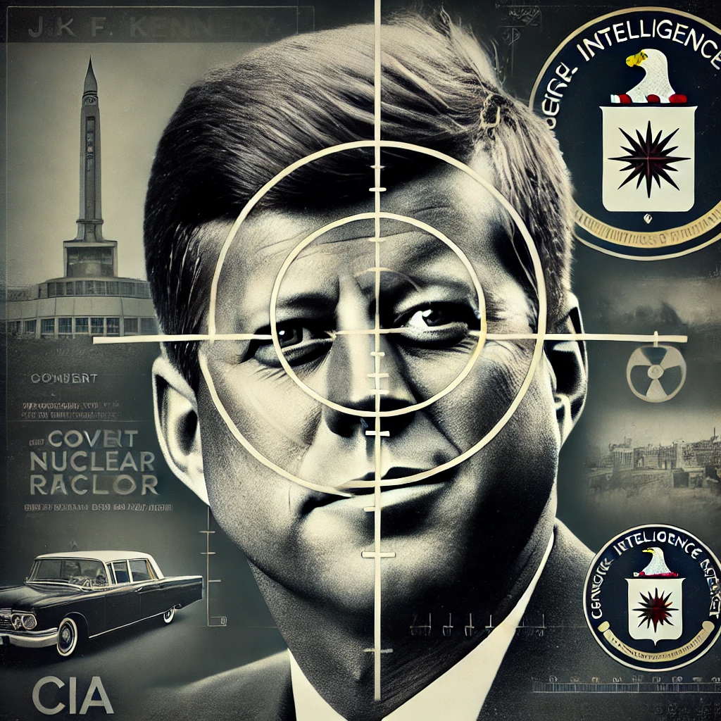 "Stylized portrait of JFK with crosshairs, suggesting sniper attack and covert targeting by CIA and Mossad, with nuclear symbols representing Israel’s Dimona reactor in the background."