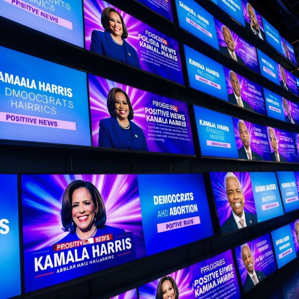 Positive media coverage of Kamala Harris on TV screens, illustrating her favorable portrayal in the 2024 U.S. Election.