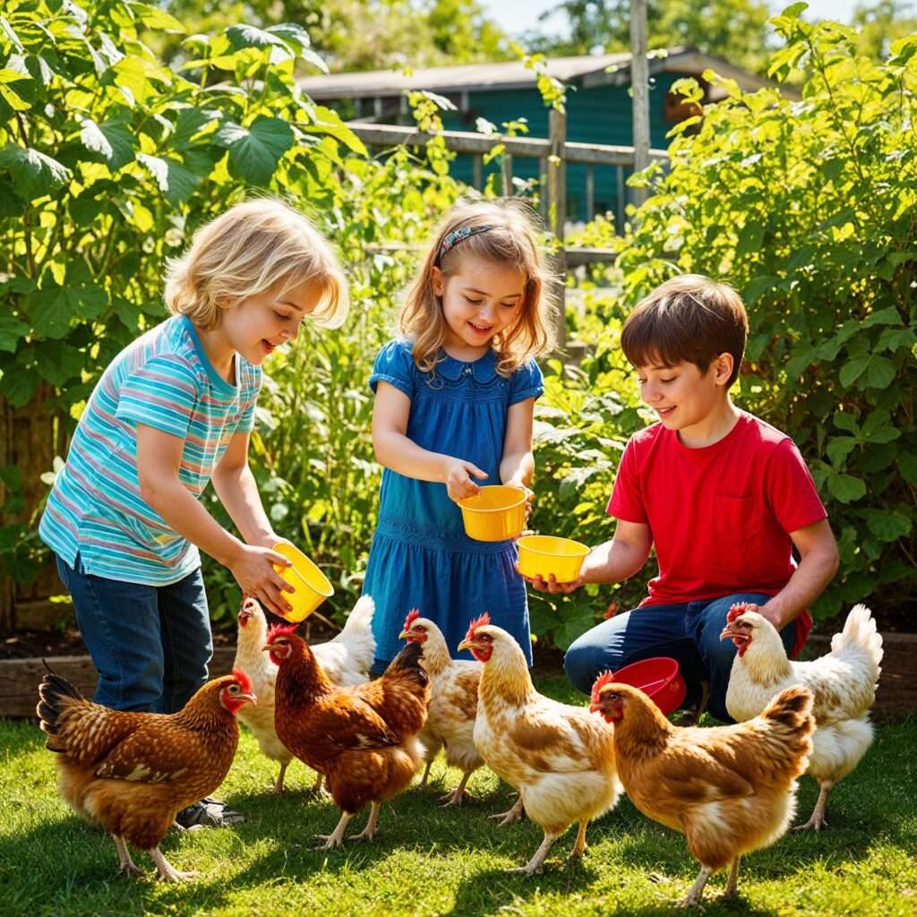 "Children feeding backyard chickens in a sunny garden, learning responsibility and enjoying nature."
