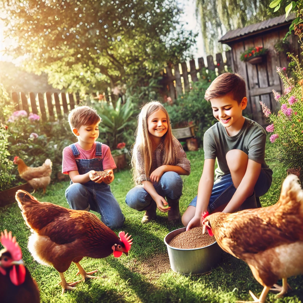 "Children feeding backyard chickens, learning responsibility and enjoying nature."
