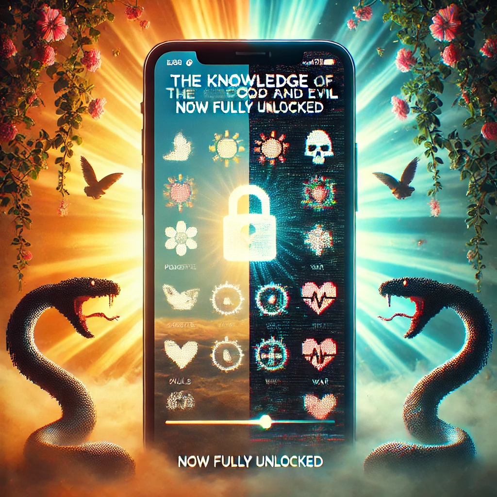 A smartphone lock screen split into two halves like a yin-yang, with one side showing peaceful imagery and the other dark symbols, surrounded by glitching digital serpents.
