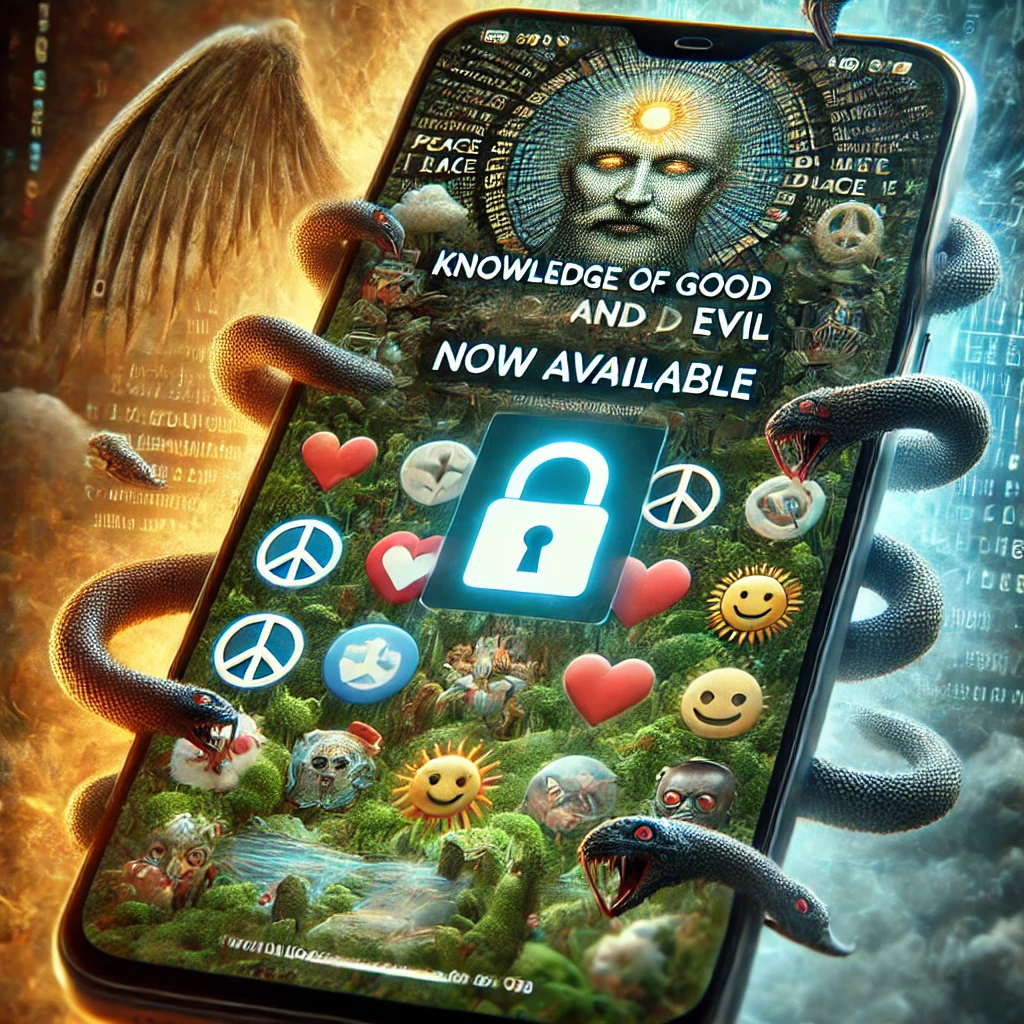 A smartphone lock screen with a glowing notification reading "Knowledge of Good and Evil Now Available," surrounded by symbols of both good and evil, with dark serpents made of code slithering along the edges.
