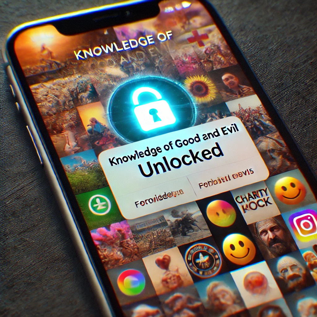 A smartphone lock screen with a glowing notification reading "Knowledge of Good and Evil Unlocked," surrounded by both uplifting and disturbing imagery, with digital snakes creeping along the edges.
