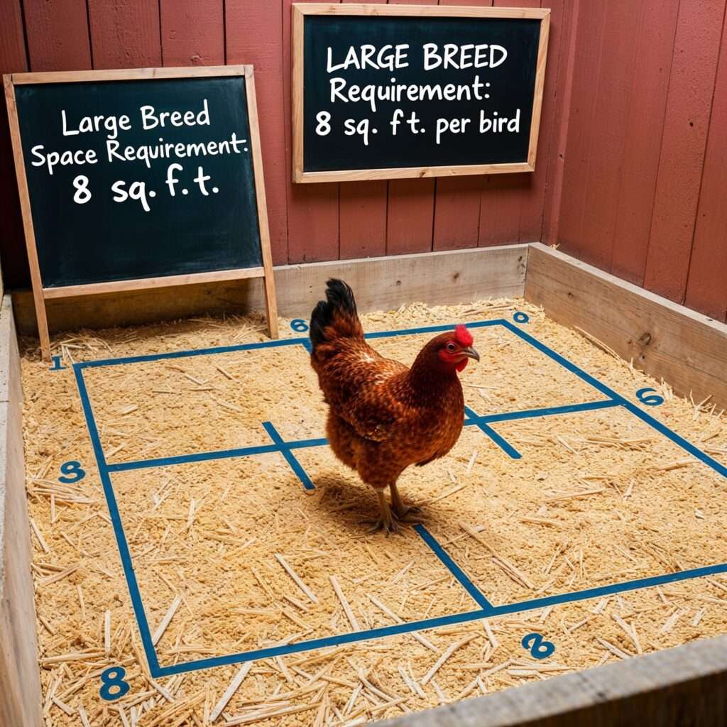 An Orpington chicken in a coop marked with 8 square feet of space, showing the large breed space requirement.