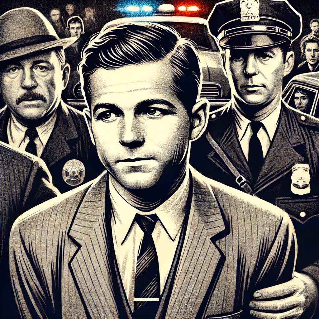 A stylized depiction of Lee Harvey Oswald in handcuffs after his arrest for JFK’s assassination, symbolizing the controversy and mystery surrounding his potential CIA ties