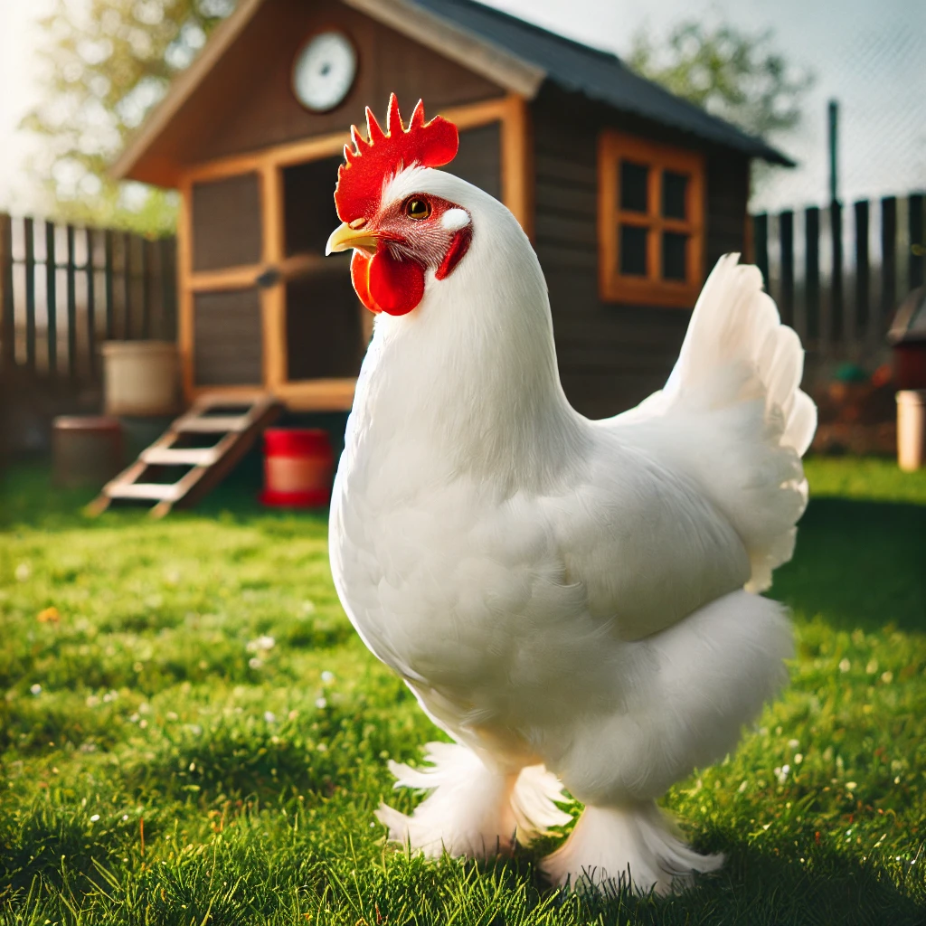 "Leghorn chicken with white feathers and a red comb standing in a sunny backyard near a wooden coop."