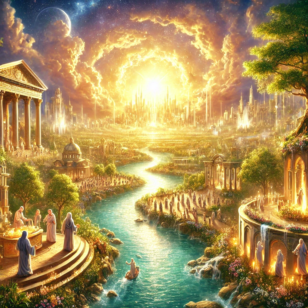  A serene depiction of life in the New Jerusalem, featuring golden streets, the crystal-clear River of Life, and the Tree of Life under a heavenly glow, as described in the Bible.