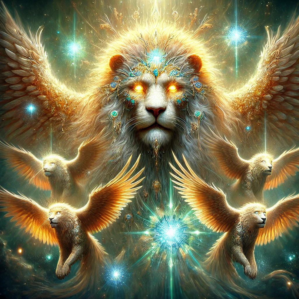 "Close-up of the lion-like living creature from the Throne of Heaven, with glowing eyes in its mane and wings, reflecting strength, wisdom, and divine omniscience as described in the Book of Revelation."