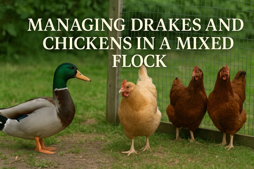 A drake and three hens in a shared backyard flock area, standing near a wire fence with soft green grass and trees in the background.