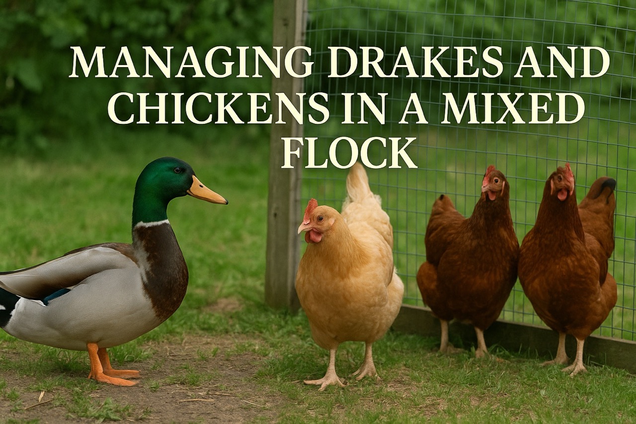 A drake and three hens in a shared backyard flock area, standing near a wire fence with soft green grass and trees in the background.