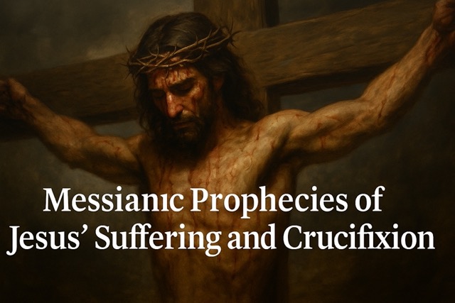 Realistic painting of Jesus suffering on the cross, fulfilling messianic prophecies from Isaiah 53 and Psalm 22