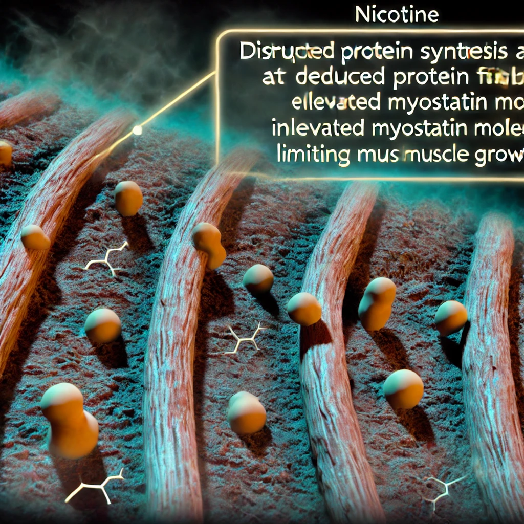 Microscopic view of muscle fibers disrupted by nicotine, showing reduced protein synthesis and elevated myostatin levels hindering muscle growth and repair.