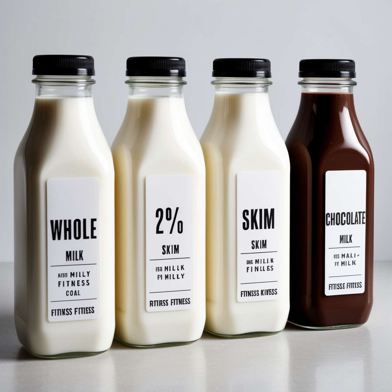 A display of milk bottles with labels for whole milk, 2% milk, and skim milk, showcasing different milk types for fitness goals.