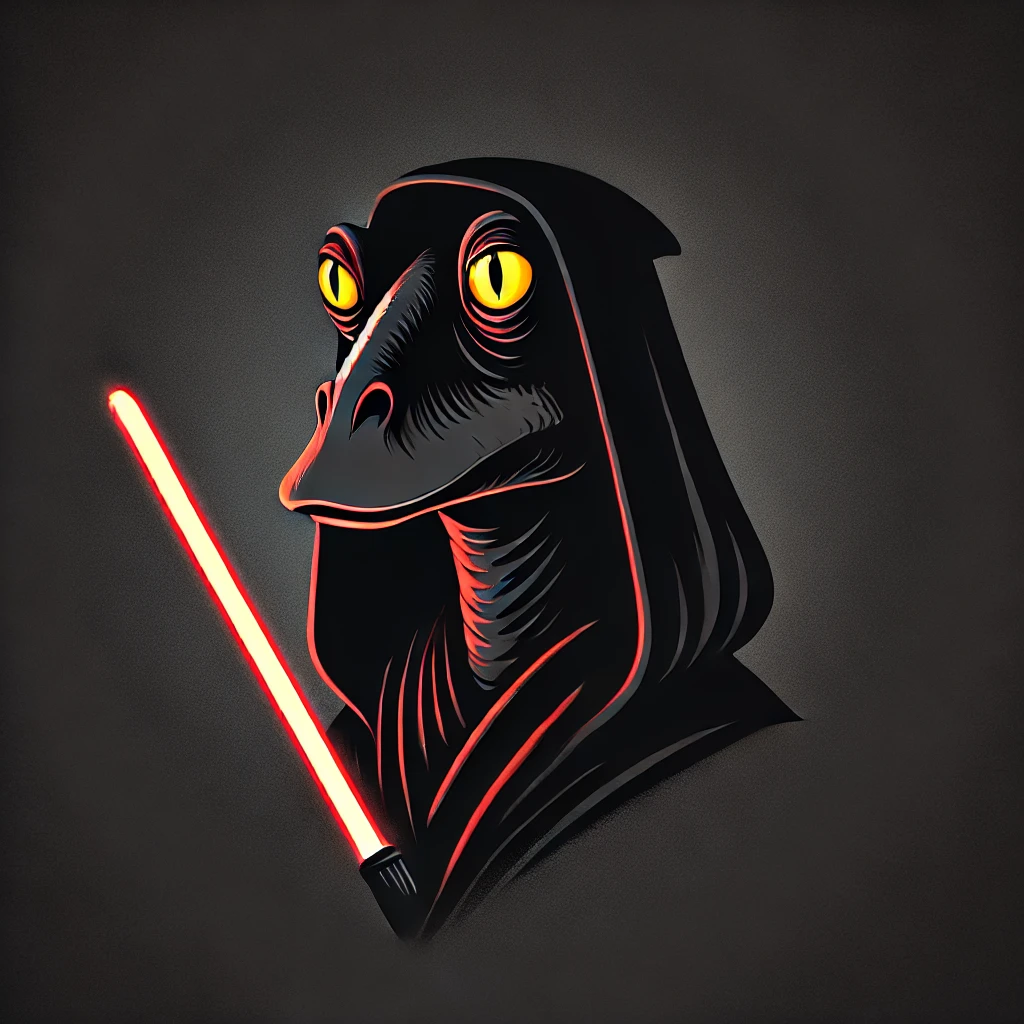 "A minimalist depiction of Jar Jar Binks as a Sith Lord, featuring glowing yellow Sith eyes, a red lightsaber, and a dark hooded silhouette in a simple, dramatic design."