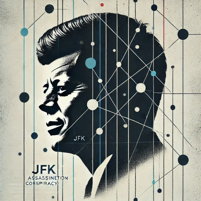 Minimalist cover image featuring a silhouette of JFK, with abstract lines suggesting connections to various conspiracy theories.