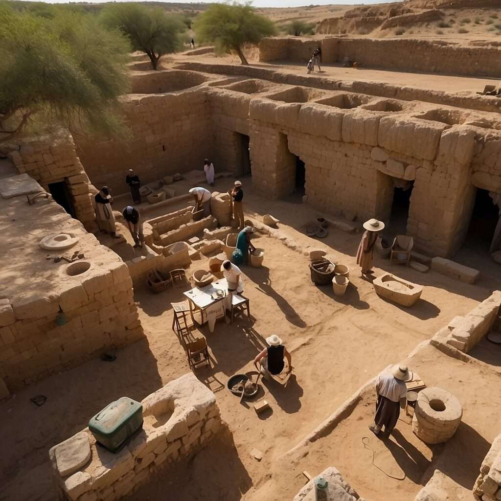 "Modern archaeological excavation at an ancient Judean site, with researchers uncovering artifacts like pottery, tools, and stone structures, providing historical context for Jesus’s era."