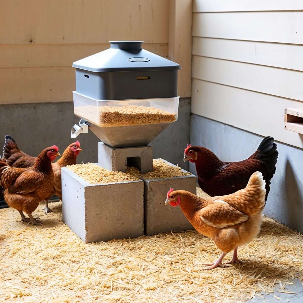 A modern chicken feeder elevated on concrete blocks in a clean coop with straw bedding and chickens feeding.