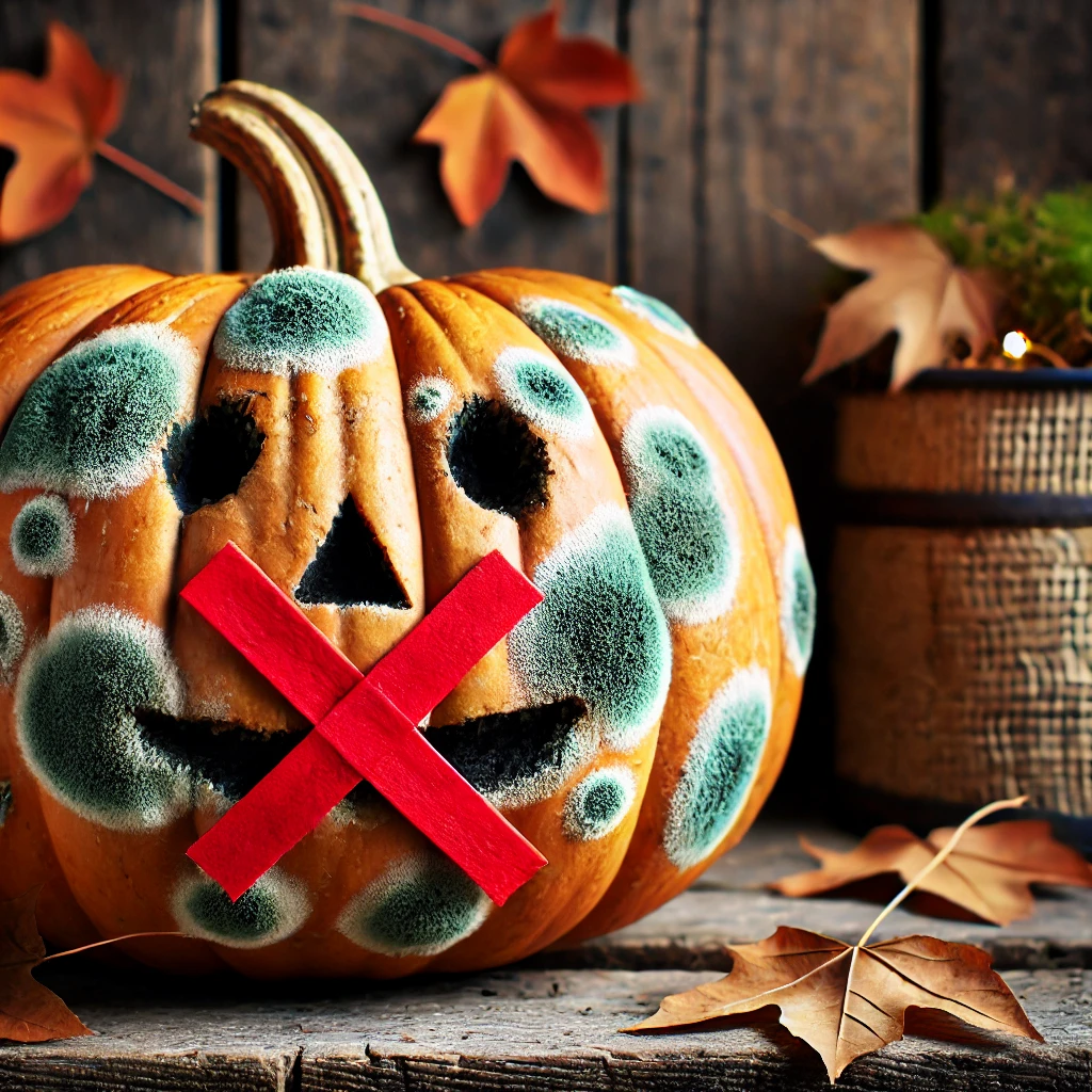 Carved, moldy jack-o'-lantern with a red “X” showing it’s unsafe for chickens.