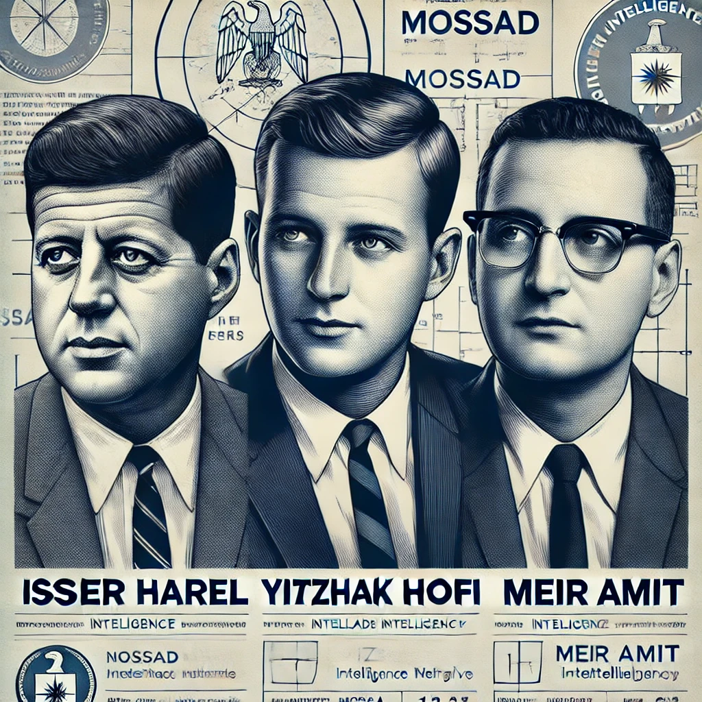 Stylized collage featuring key Mossad figures Isser Harel, Yitzhak Hofi, and Meir Amit, highlighting their roles during the JFK assassination narrative.