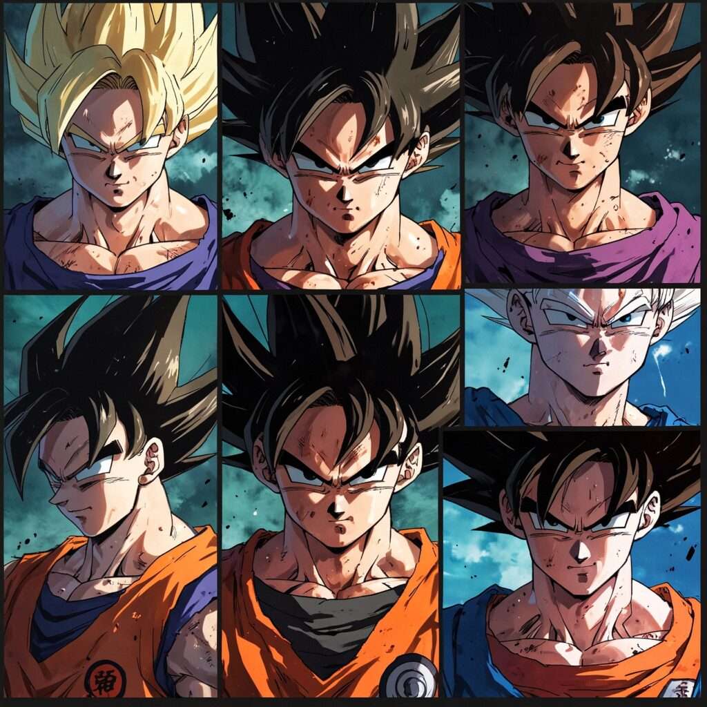 "Collage of Goku transformations, from base form to Super Saiyan, showcasing his journey as one of the most powerful Dragon Ball Z characters."