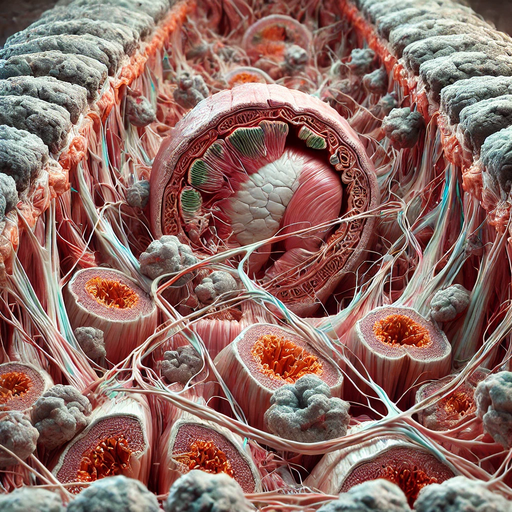 Cross-sectional view of muscle fibers beneath the skin showing disrupted fibroblasts and impaired angiogenesis, symbolizing the negative impact of nicotine on muscle repair.