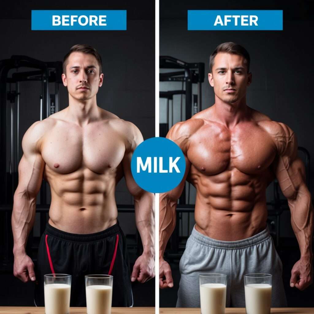 Transformation in muscle growth from milk supplementation, showing fitness before and after results.