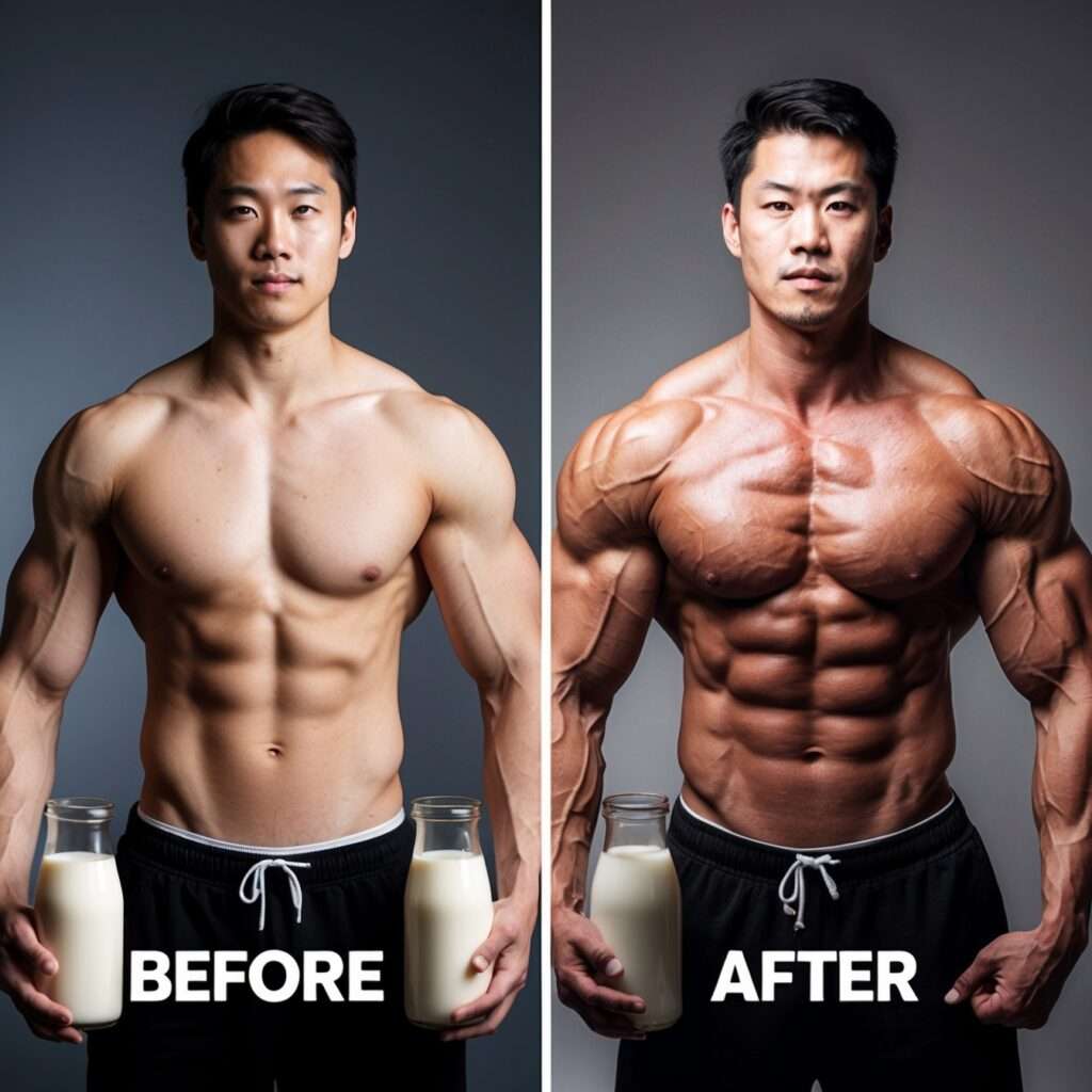 Before and after muscle growth results with milk supplementation for fitness and recovery.