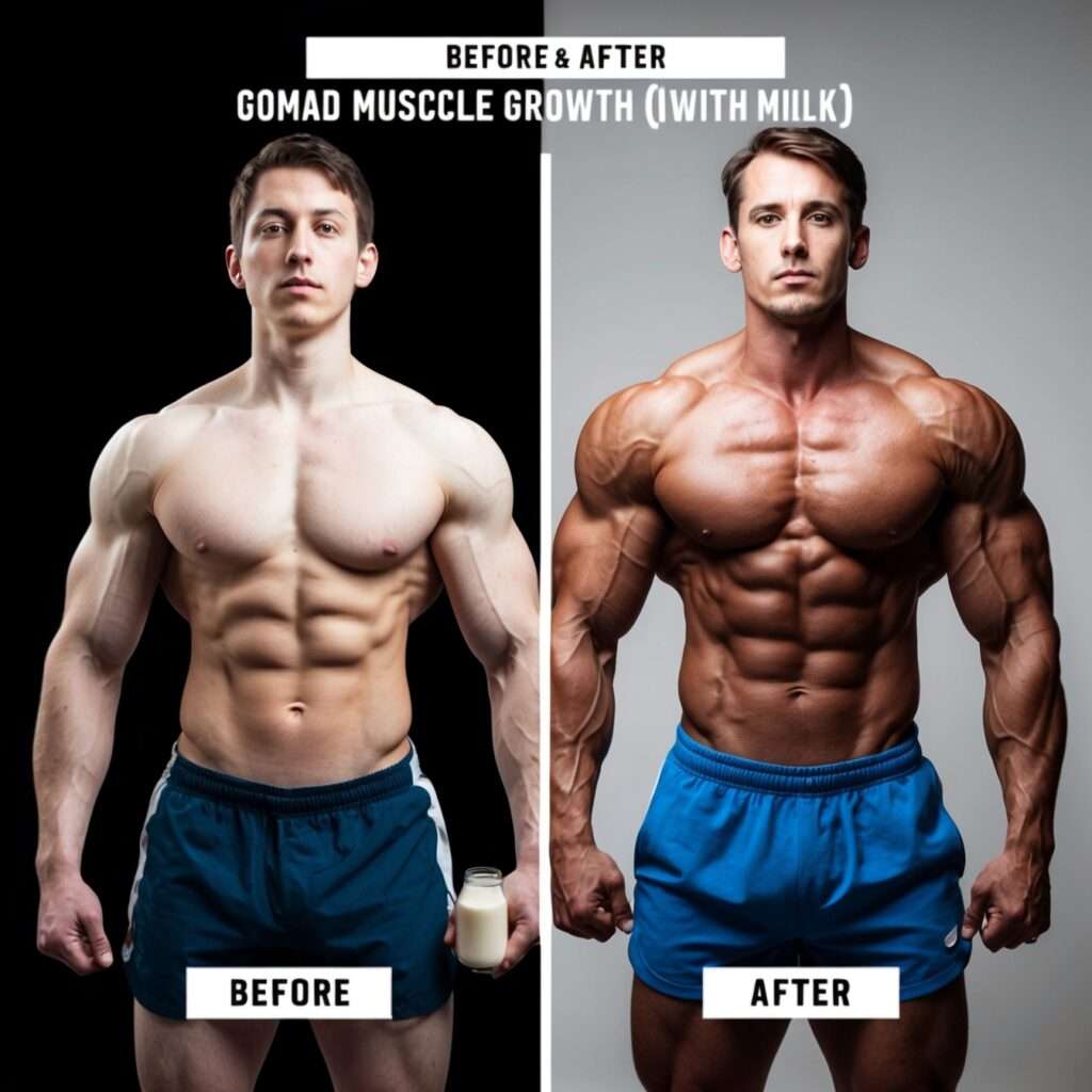 A comparison of muscle growth from milk consumption, showing dramatic fitness progress before and after.