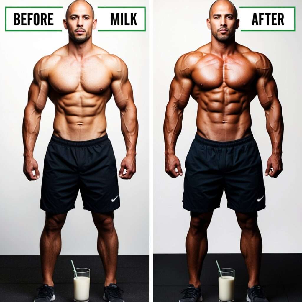 Before and after photo showing muscle growth with the inclusion of milk in a fitness regimen.