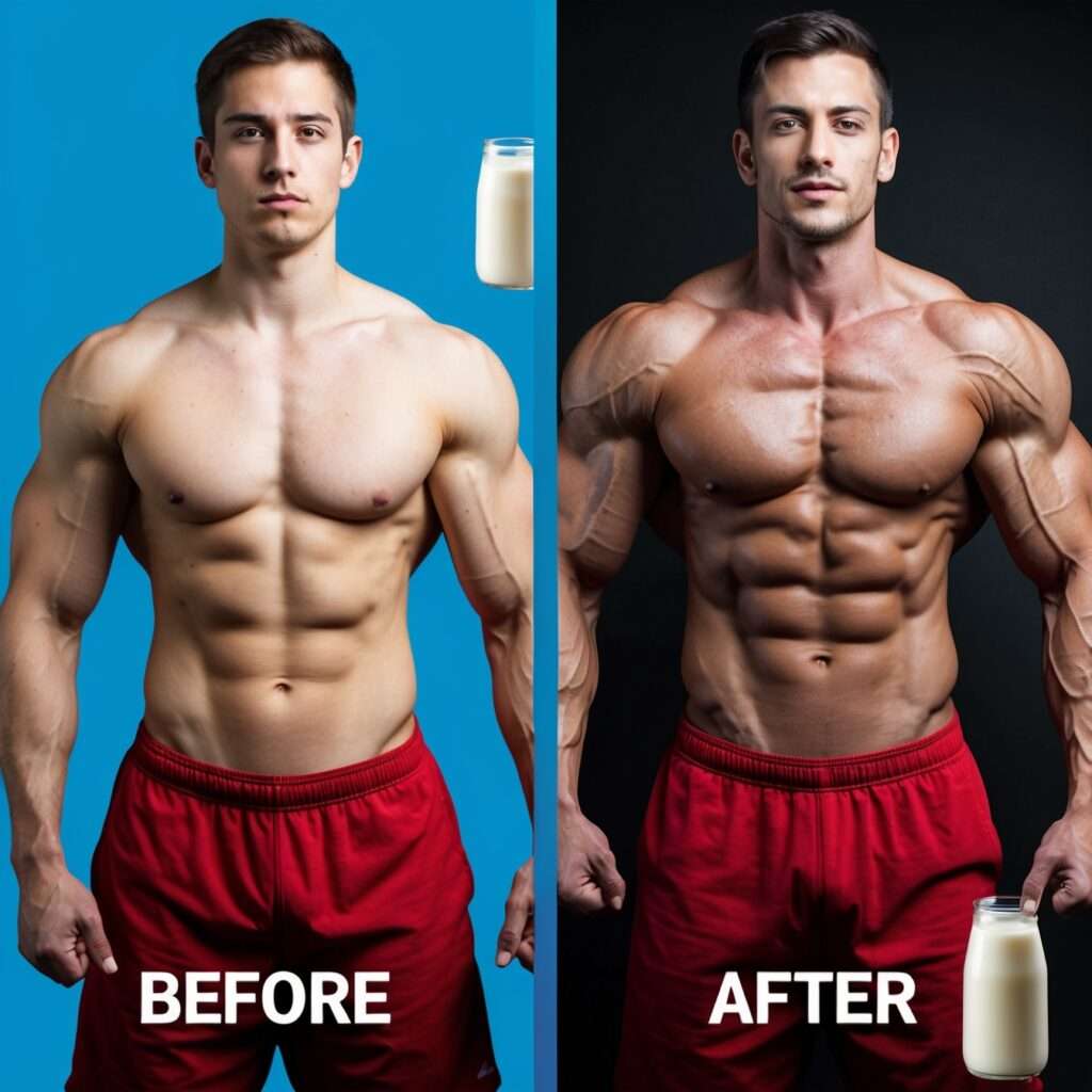 A before and after transformation of muscle growth, showcasing the effects of milk in a fitness regimen.