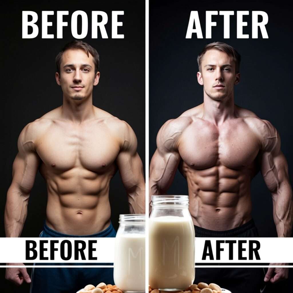 A before and after image showing the visible muscle growth after incorporating milk into a fitness routine.