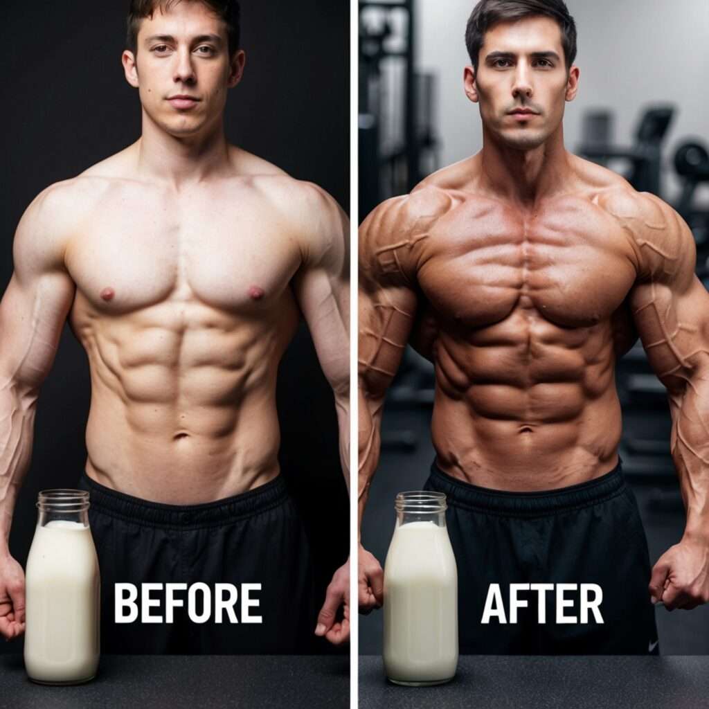 A before and after comparison of muscle growth achieved with milk consumption as part of a fitness routine.