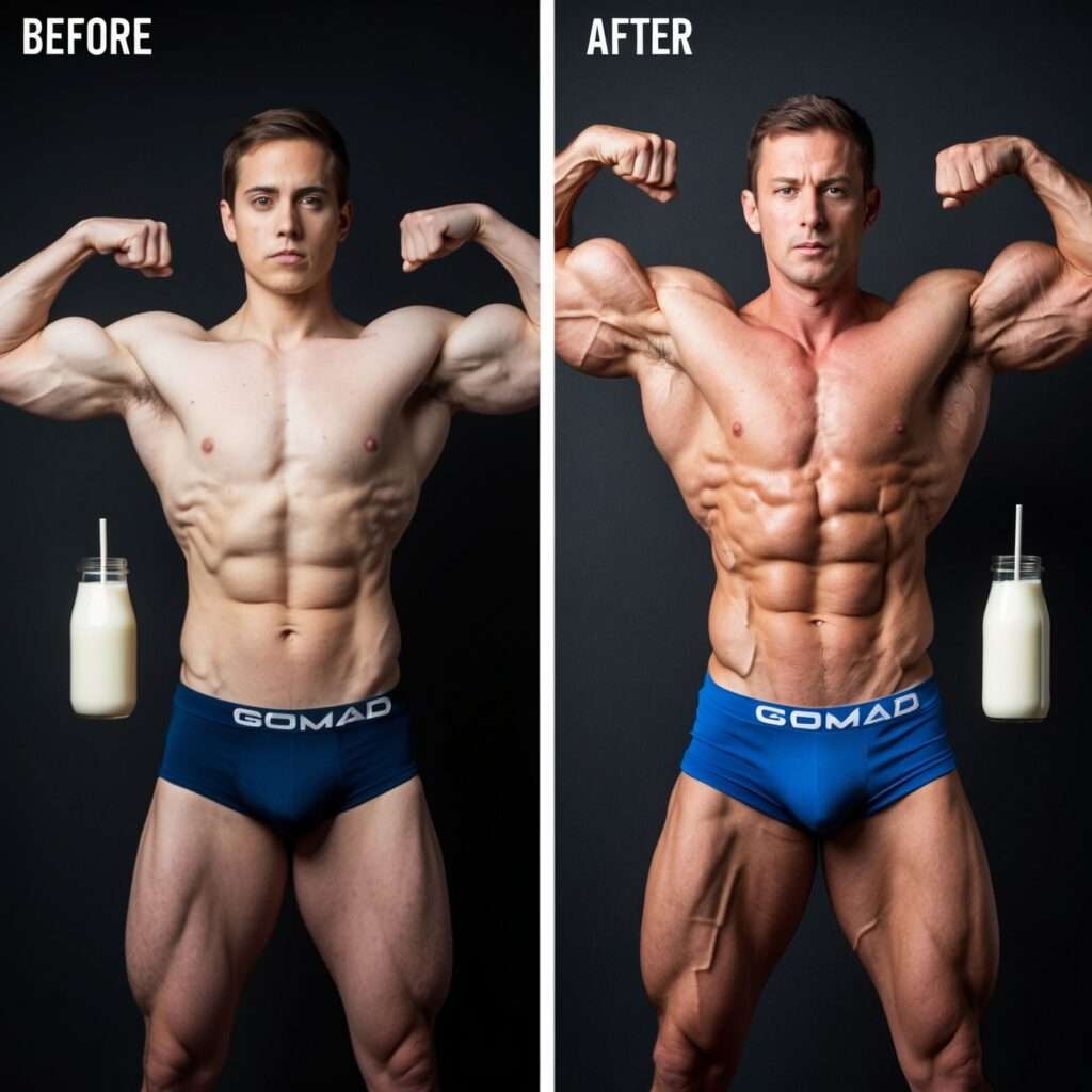 A before and after image showing muscle growth achieved through milk consumption as part of a fitness regimen.