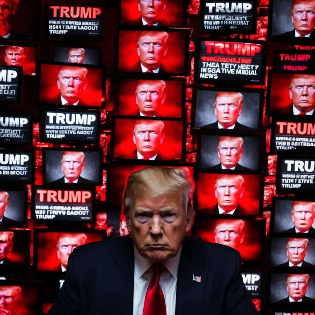 Close-up of negative Trump media coverage displayed on TV screens, reflecting the media's portrayal of Trump in the 2024 U.S. Election.