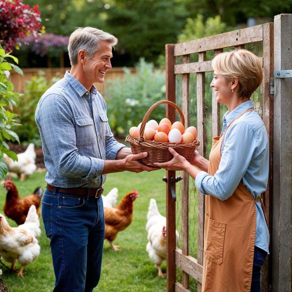 "Neighbor sharing surplus backyard chicken eggs, emphasizing community connections."
