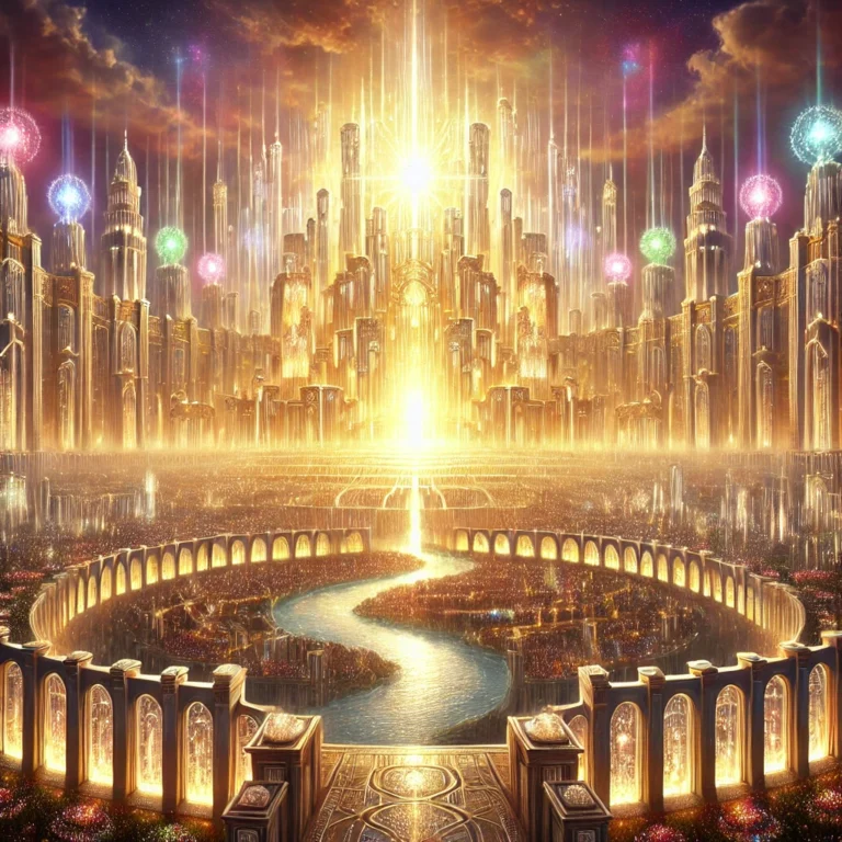 "A majestic depiction of the New Jerusalem with glowing gemstone walls, open pearl gates, golden streets, and the River of Life flowing from God's throne, as described in Revelation 21-22."