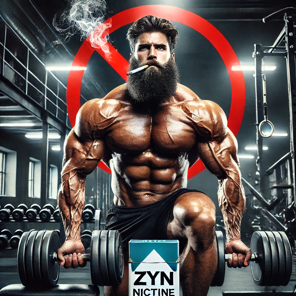 Mr. Olympia-level bodybuilder with a thick beard, lifting weights. A bold red 'X' across the image with a Zyn nicotine pouch subtly present, symbolizing the importance of nicotine avoidance for athletic performance and recovery