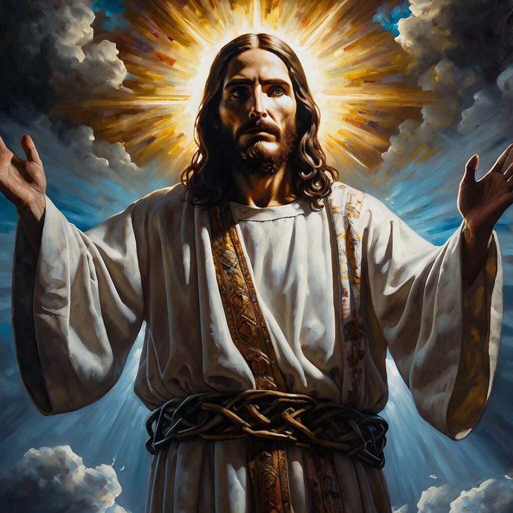 "Dramatic depiction of Jesus with a radiant halo, arms raised, symbolizing the fulfillment of Old Testament prophecies about the Messiah."