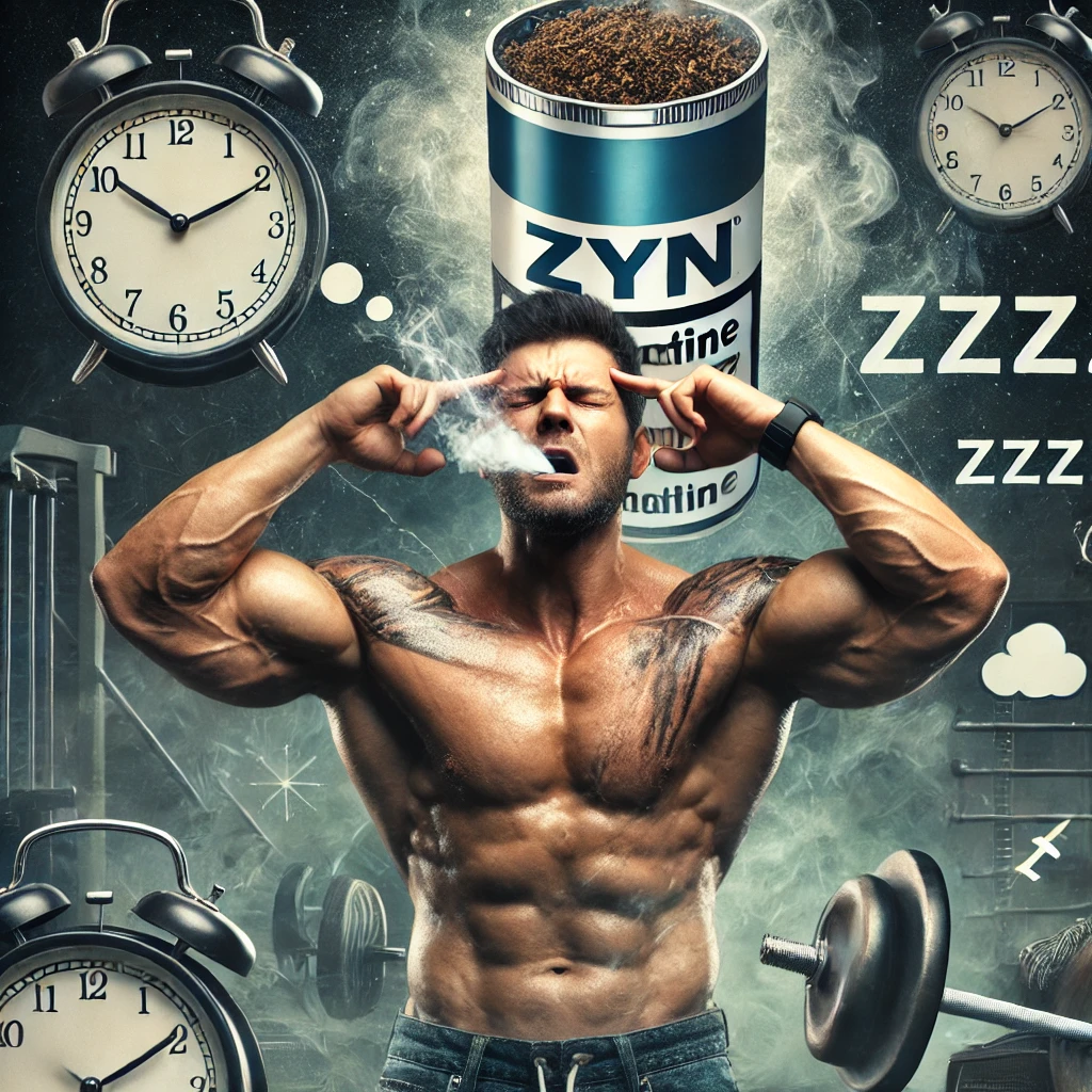 Olympia-level bodybuilder struggling with focus, surrounded by nicotine-related symbols and a crossed-out Zyn container. Sleep disruption icons like clocks and stars represent withdrawal symptoms