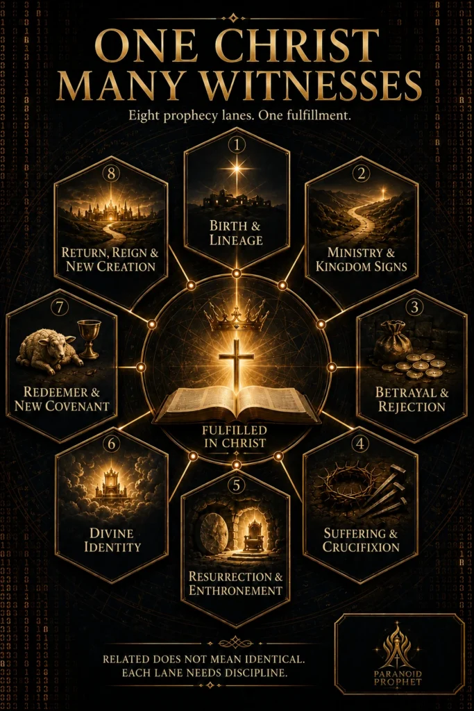 Infographic showing eight prophecy lanes that point to Christ, including birth and lineage, ministry signs, betrayal and rejection, suffering and crucifixion, resurrection and enthronement, divine identity, new covenant, and new creation.