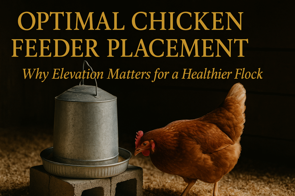 “Elevated chicken feeder on cinderblocks with Rhode Island Red hen in rustic coop – optimal feeder placement for backyard chickens”