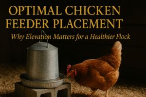 “Elevated chicken feeder on cinderblocks with Rhode Island Red hen in rustic coop – optimal feeder placement for backyard chickens”